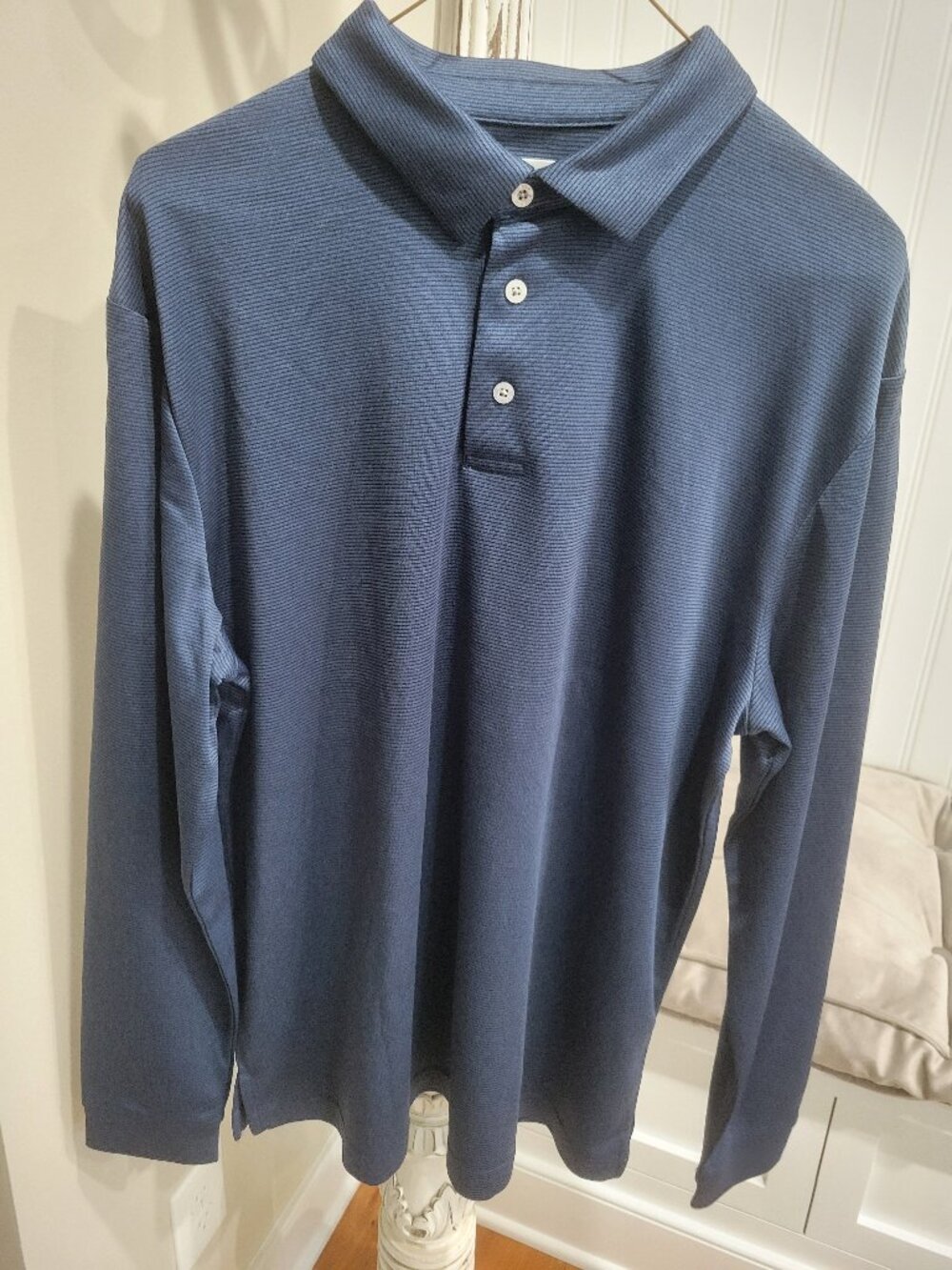 Men's PGA Tour Polo Shirt Medium Blue Stripe Golf Side Flaps Long Sleeve